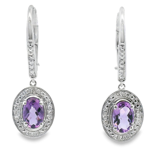 Pendientes colgantes de amatista y diamante de .98ct de oro blanco de 10KT