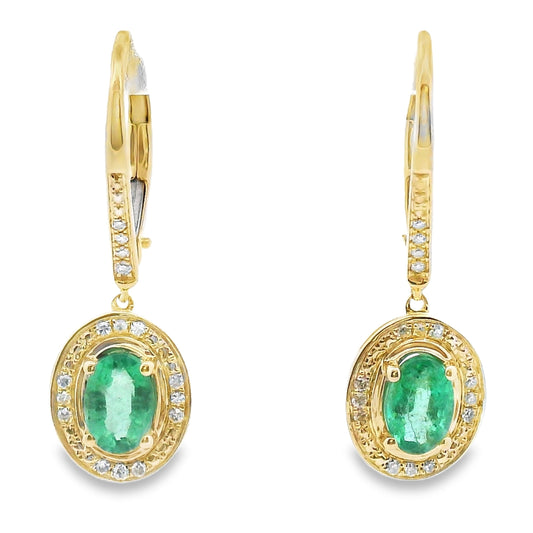Pendientes colgantes de esmeralda y diamantes de 0,90 qt en oro amarillo de 10 kt