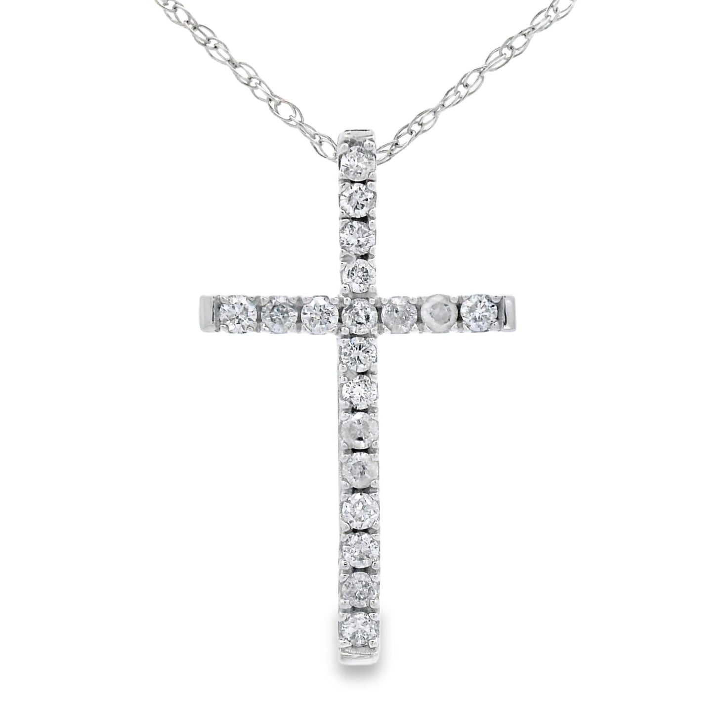 Colgante religioso de cruz con diamantes de .13 qt de oro blanco de 14 kt