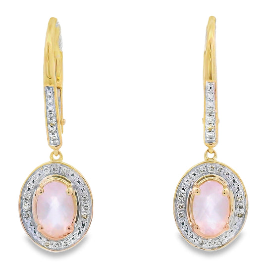 Pendientes Colgantes de Cuarzo Rosa y Diamantes Oro Amarillo de 10 K