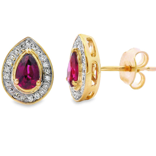 Pendientes de tuerca con granate rodolita y diamantes en oro amarillo de 10 qt.