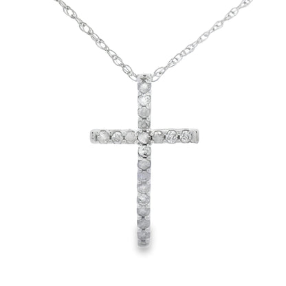 Colgante de cruz religiosa con diamante de 0,10 ct en oro blanco de 14 kt