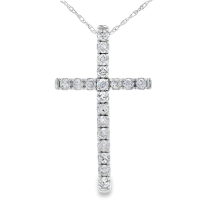 Colgante de cruz religiosa con diamante de .33 ct en oro blanco de 14 kt