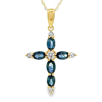 Sapphire Cross Religious Pendant 10KT Yellow Gold