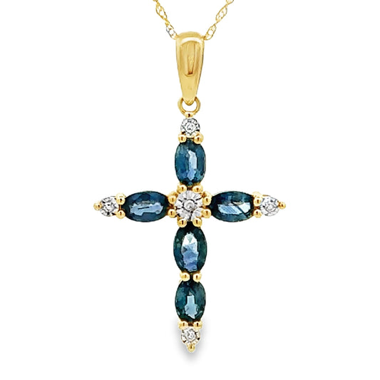 Colgante religioso de zafiro en cruz, oro amarillo de 10 quilates
