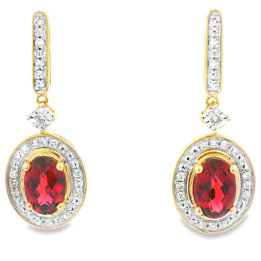 Pendientes colgantes de granate y diamante de 1,20 ct en oro amarillo de 10 kt