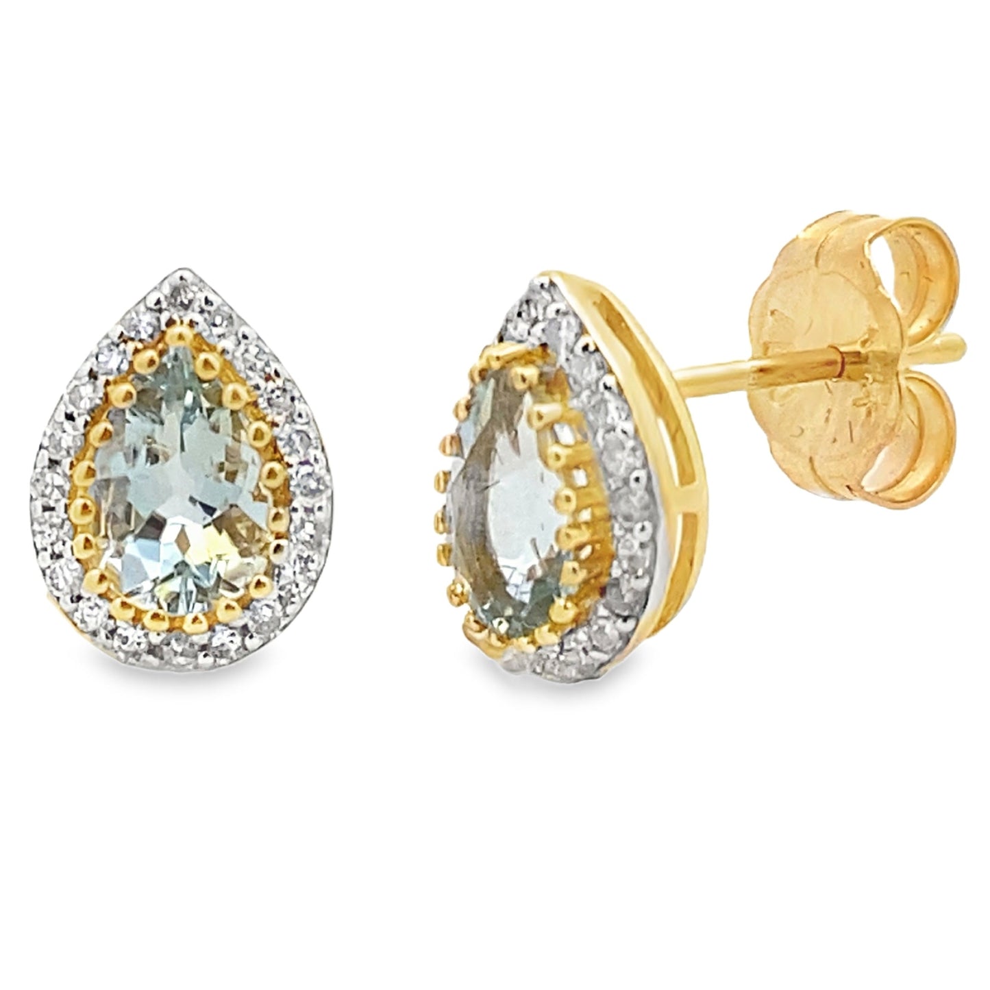 Pendientes de botón de aguamarina y diamantes de 0,52 ct en oro amarillo de 14 kt