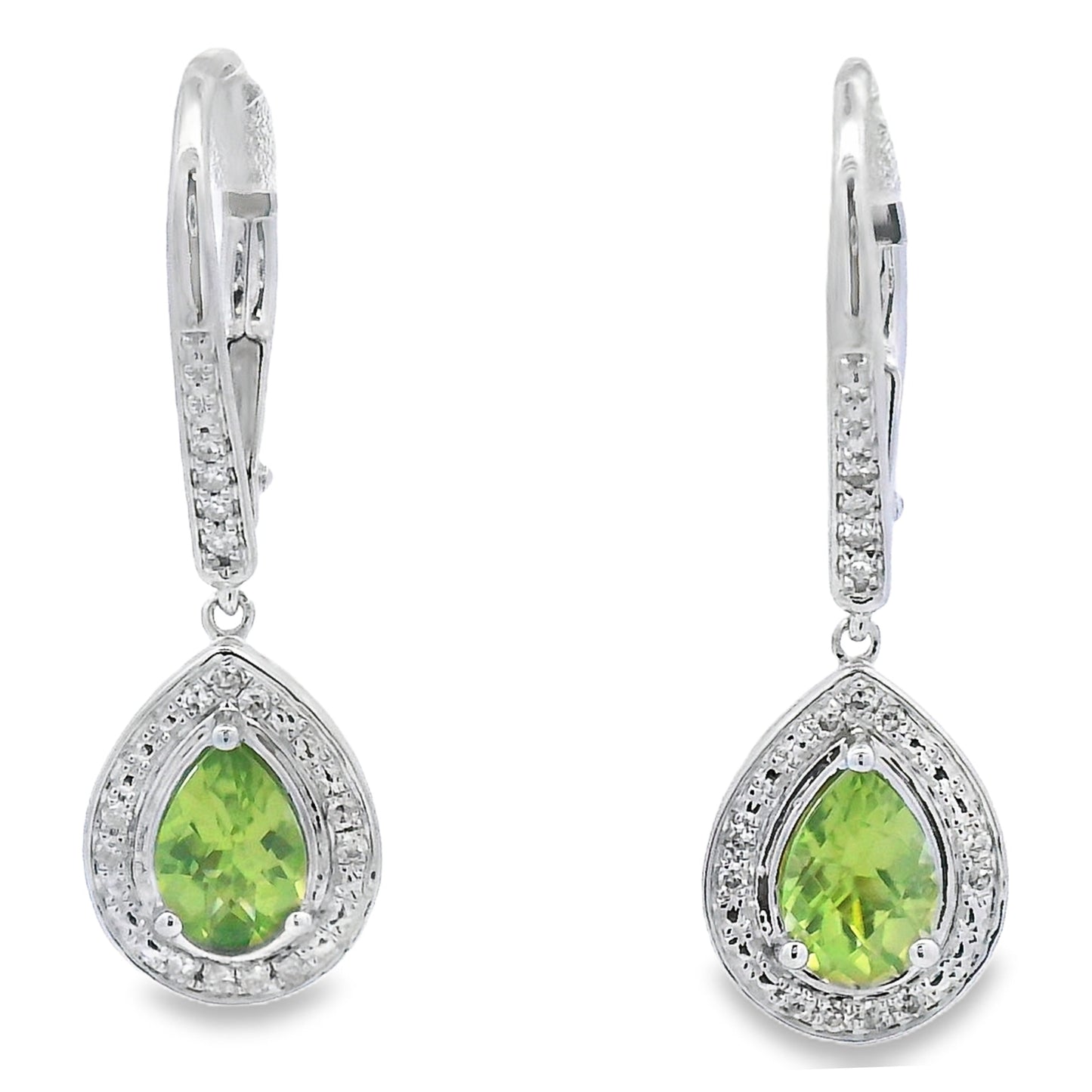 Pendientes Colgantes de Peridoto y Diamantes de .96ct en Oro Blanco de 10KT
