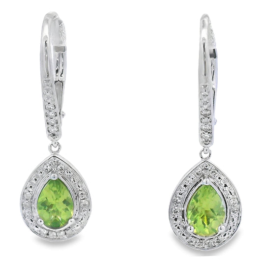 Pendientes Colgantes de Peridoto y Diamantes de .96ct en Oro Blanco de 10KT