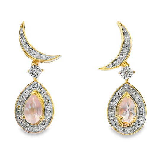 Pendientes Colgantes de Cuarzo Rosa y Diamantes Oro Amarillo de 10KT