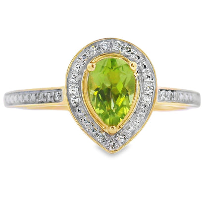 Anillo de peridoto y diamante de 0,50 qt, oro amarillo de 10 qt