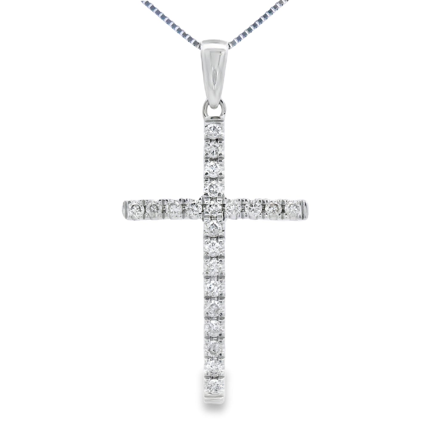 Colgante de cruz religiosa con diamantes de 0,21 ct en oro blanco de 14 kt
