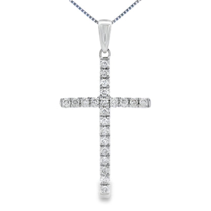 Colgante de cruz religiosa con diamantes de 0,21 ct en oro blanco de 14 kt