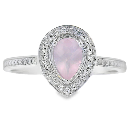 Anillo de cuarzo rosa y diamante de .44ct en oro blanco de 10kt