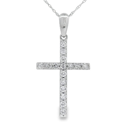 Colgante religioso de cruz con diamante de .45 ct en oro blanco de 14 kt