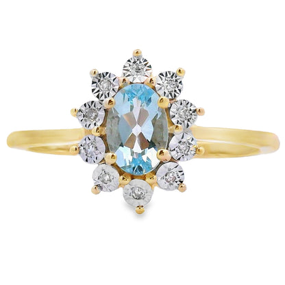 Anillo de aguamarina y diamante de 0,43 ct en oro amarillo de 10 kt