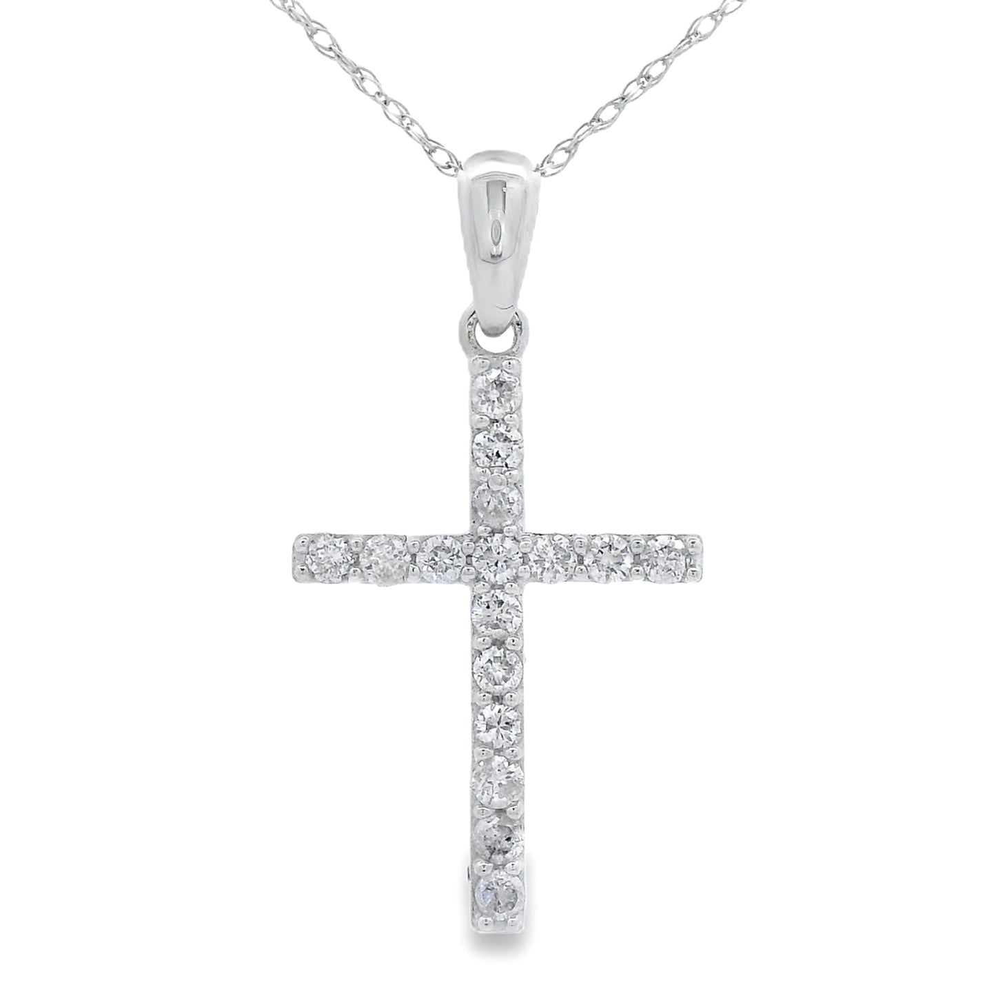 Colgante de cruz religiosa con diamante de 0,25 ct en oro blanco de 14 kt