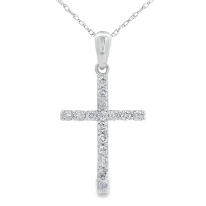 Colgante de cruz religiosa con diamante de 0,25 ct en oro blanco de 14 kt