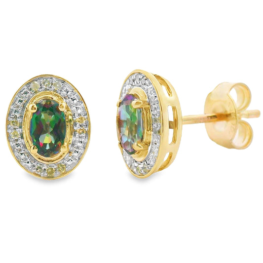 Pendientes de oro amarillo de 10 KT con topacio místico y diamantes