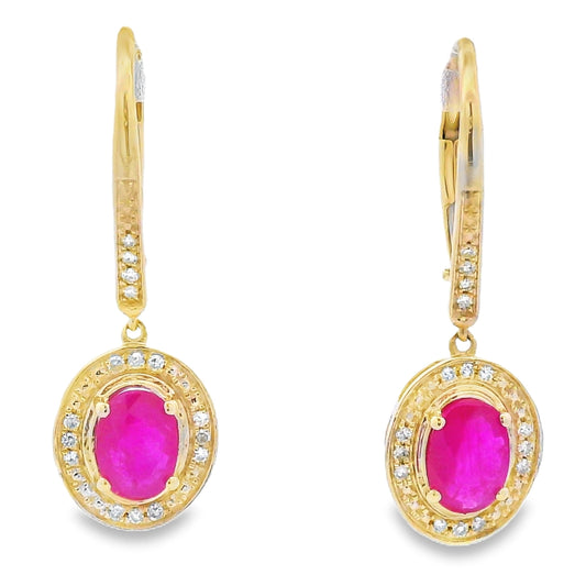 Pendientes colgantes de rubí y diamante de 1,28 ct en oro amarillo de 10 qt