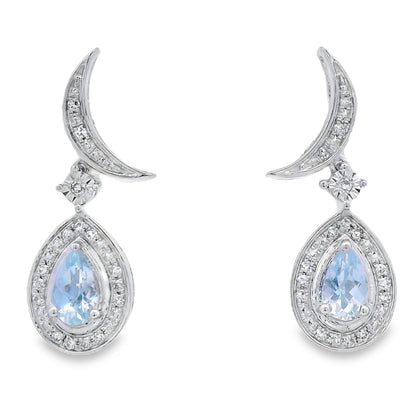 Pendientes Colgantes de Aguamarina y Diamantes Oro Blanco de 10KT