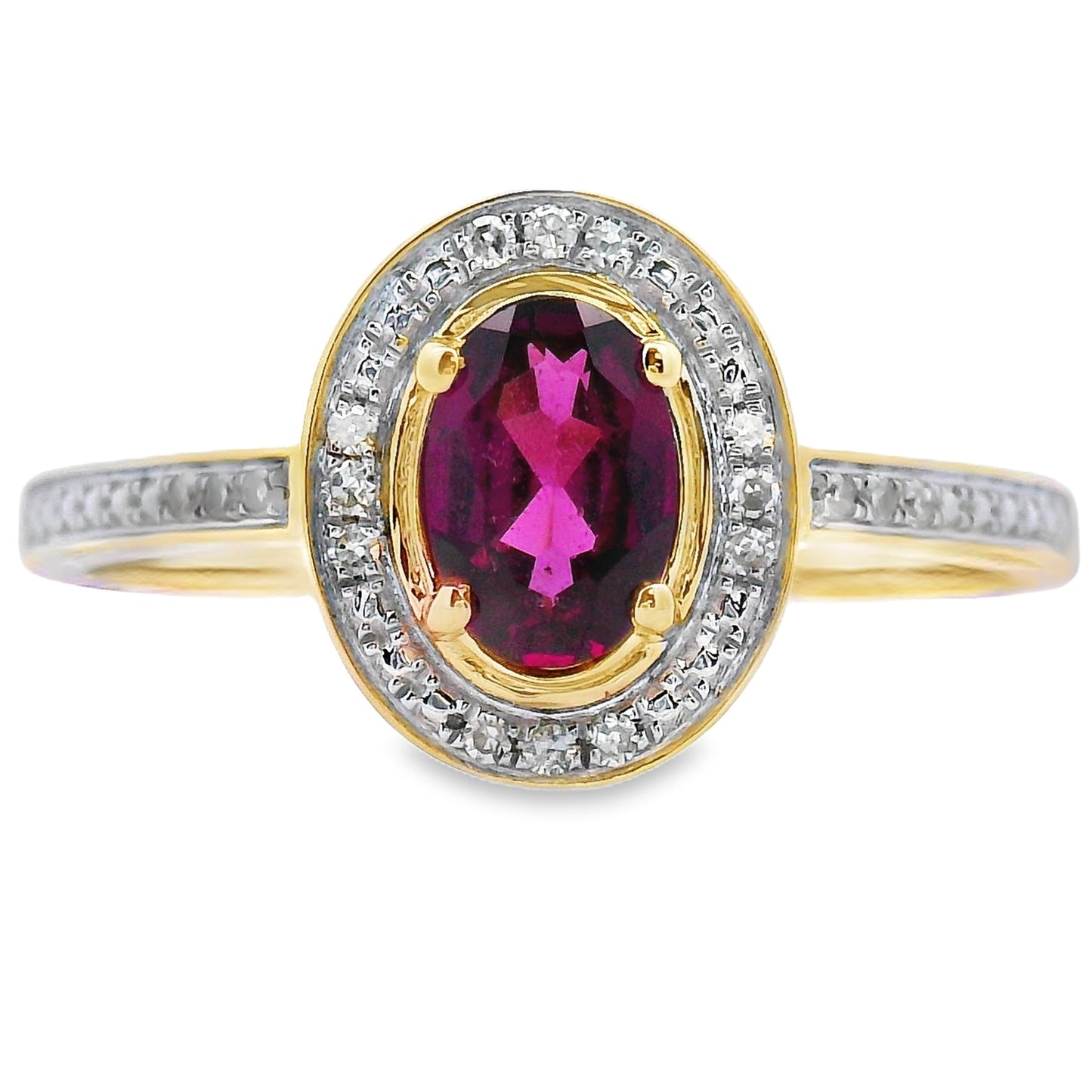 Anillo de oro amarillo de 10 qt con granate y diamantes de 0,62 ct