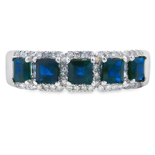 Anillo de boda con zafiro y diamantes en oro blanco de 10 quilates