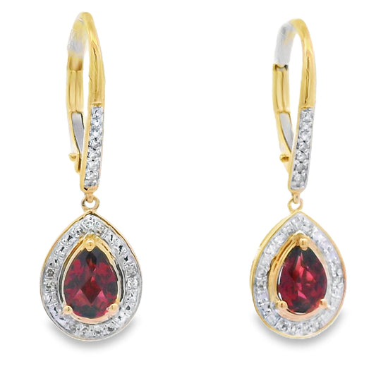 Pendientes colgantes de oro amarillo de 10 quilates con granate y diamante de 1,05 ct