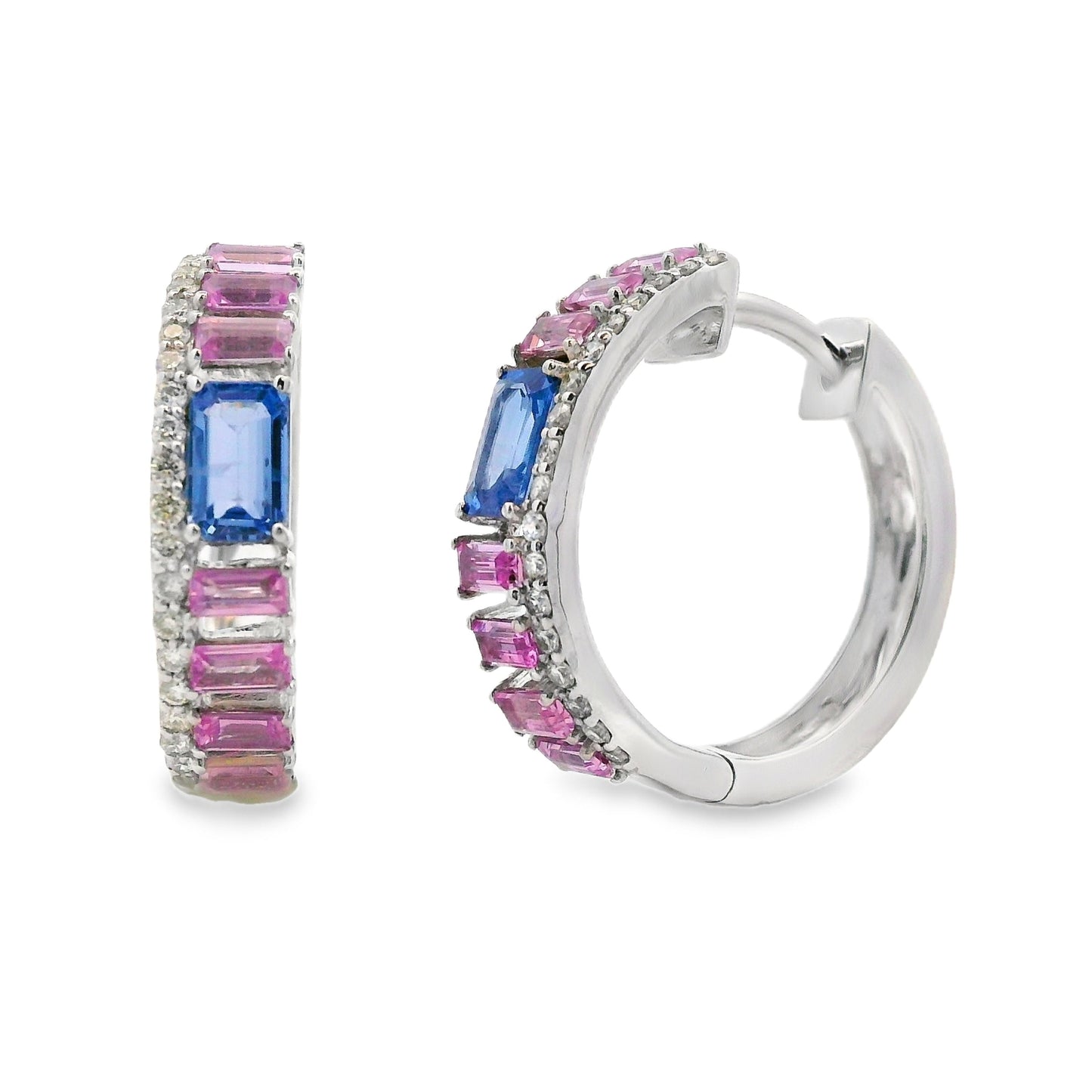 Pendientes de aro de diamantes y múltiples zafiros de oro blanco de 14 quilates