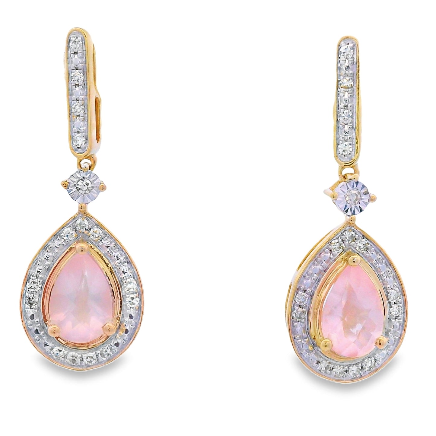 Pendientes Colgantes de Cuarzo Rosa y Diamantes Oro Amarillo de 10KT