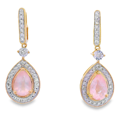 Pendientes Colgantes de Cuarzo Rosa y Diamantes Oro Amarillo de 10KT
