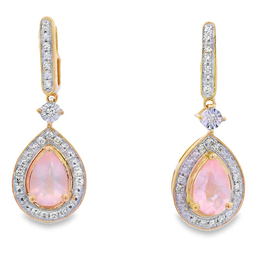 Pendientes Colgantes de Cuarzo Rosa y Diamantes Oro Amarillo de 10KT