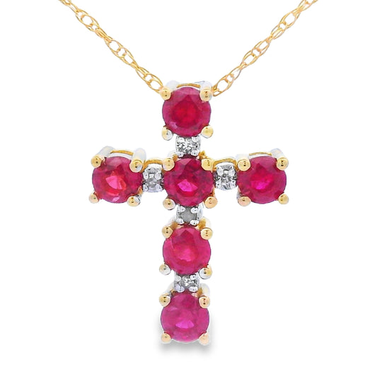 Colgante religioso de cruz con rubí y diamante en oro amarillo de 10 quilates