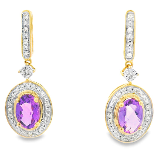 Pendientes Colgantes de Amatista y Diamantes de .93ct en Oro Amarillo de 10KT