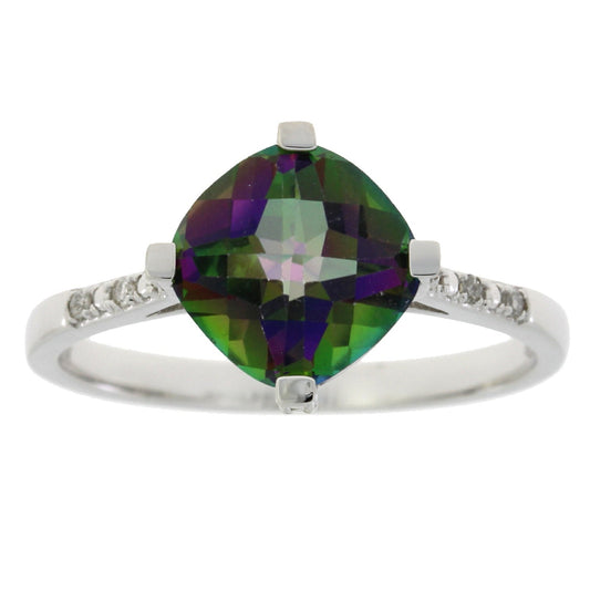 Anillo de topacio Mystic Fire y diamantes de 1,25 ct de oro blanco de 10 qt