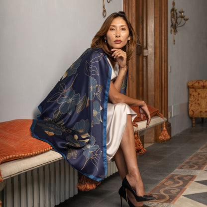 Laura - Silk Scarf Shawl - Navy