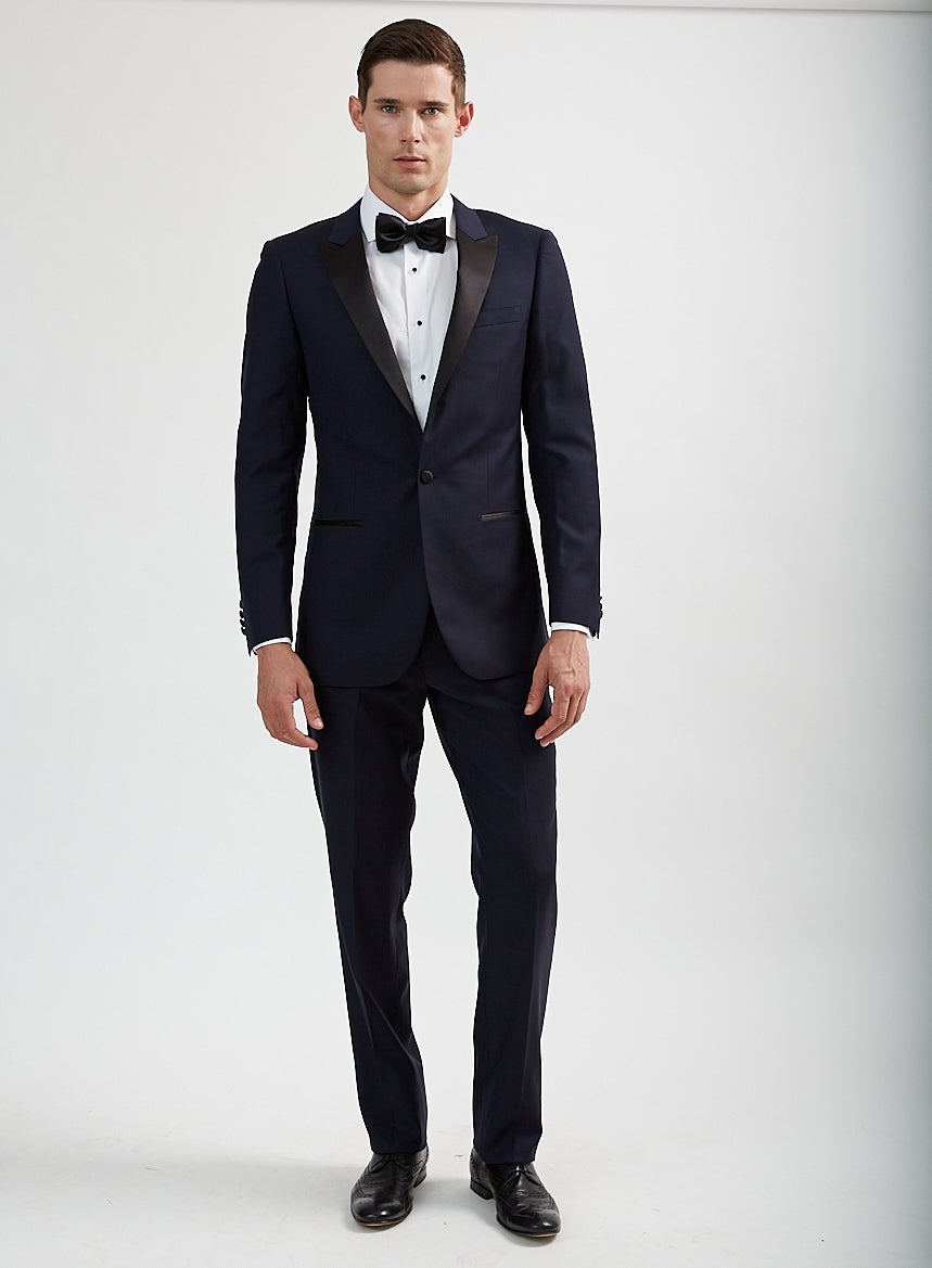 Luxurious 100% Super Fine Wool Italian Navy Blue Peak Lapel Tuxedo - My Men's Shop