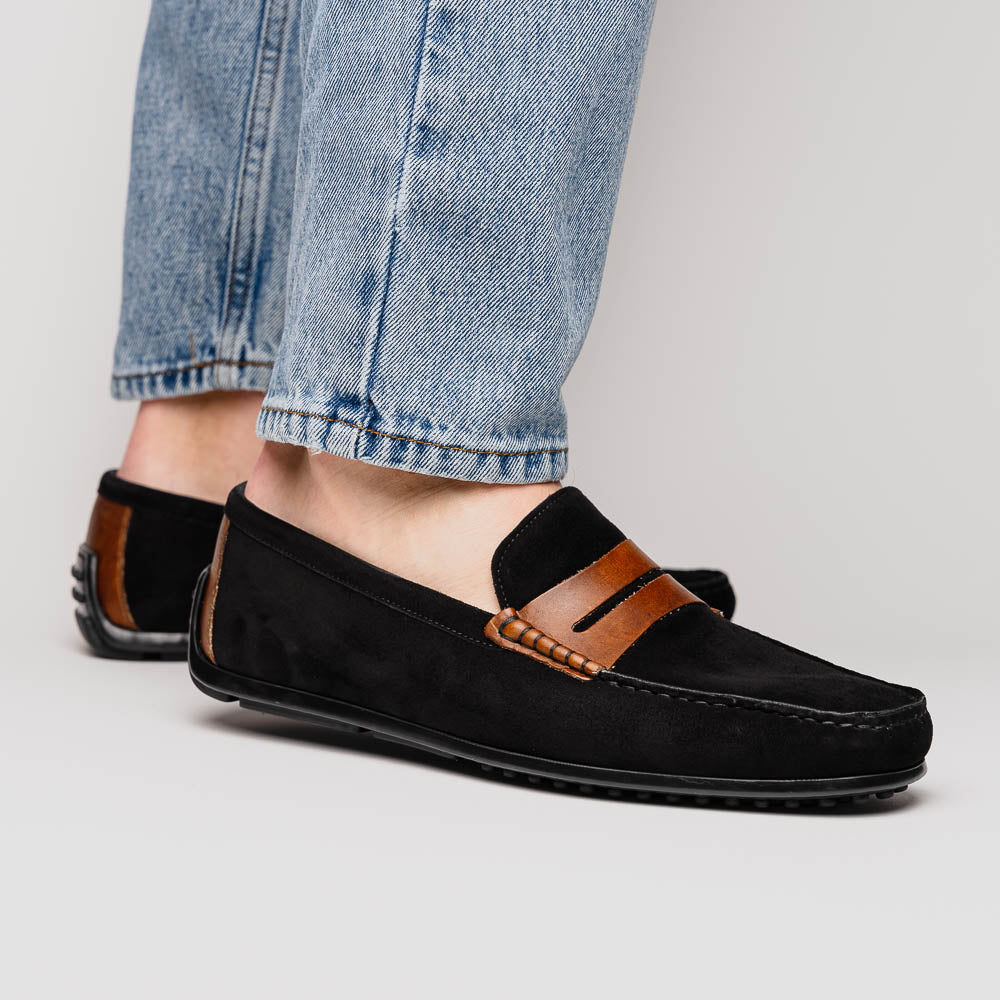 36-300-BLK MONZA Mocasín Piel de Becerro Italiana Afelpada Negro / Castaño