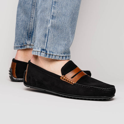 36-300-BLK MONZA Mocasín Piel de Becerro Italiana Afelpada Negro / Castaño