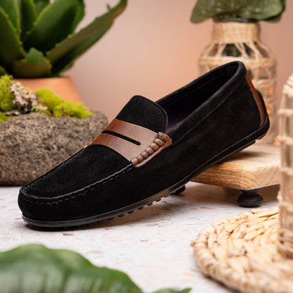 36-300-BLK MONZA Mocasín Piel de Becerro Italiana Afelpada Negro / Castaño