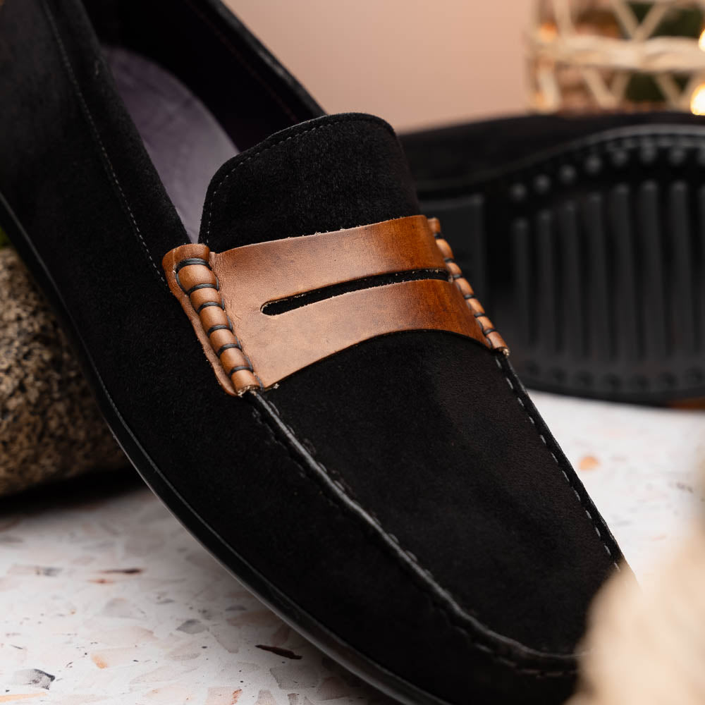 36-300-BLK MONZA Mocasín Piel de Becerro Italiana Afelpada Negro / Castaño