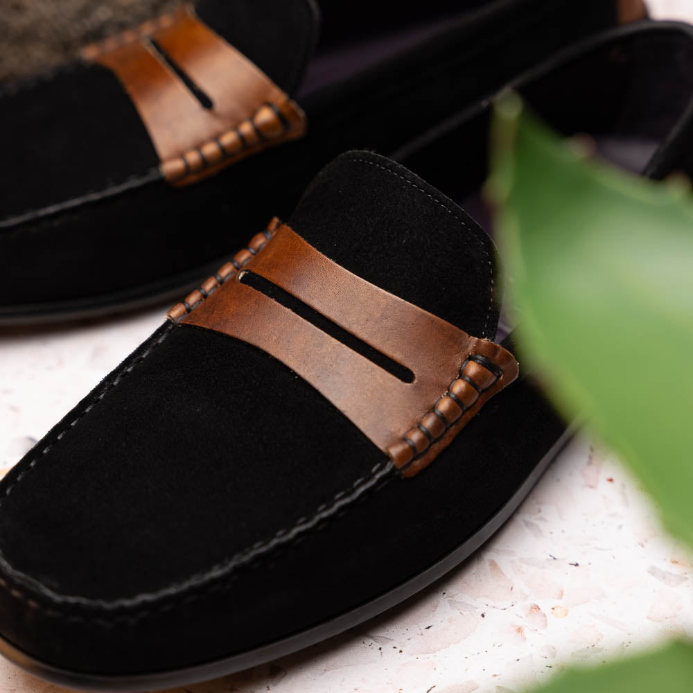 36-300-BLK MONZA Mocasín Piel de Becerro Italiana Afelpada Negro / Castaño