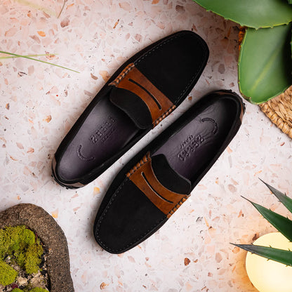 36-300-BLK MONZA Mocasín Piel de Becerro Italiana Afelpada Negro / Castaño