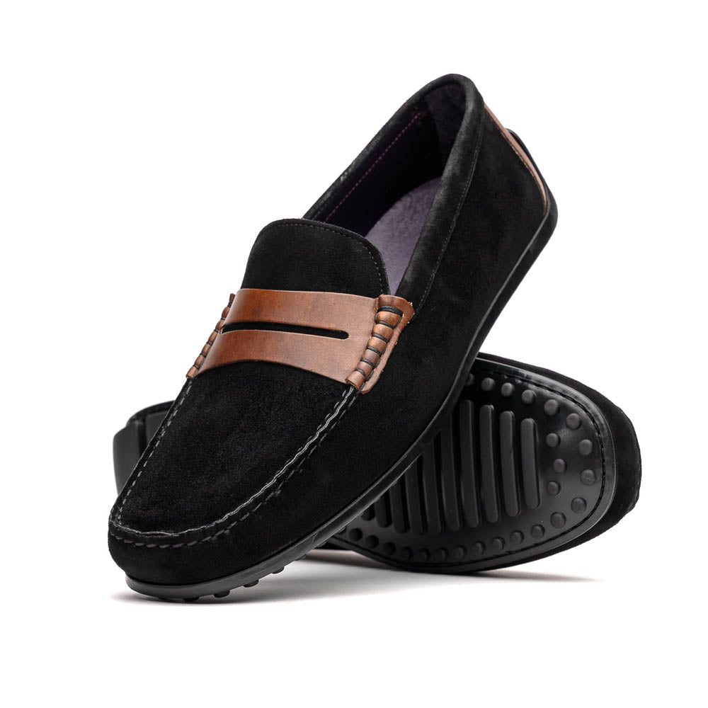 36-300-BLK MONZA Mocasín Piel de Becerro Italiana Afelpada Negro / Castaño
