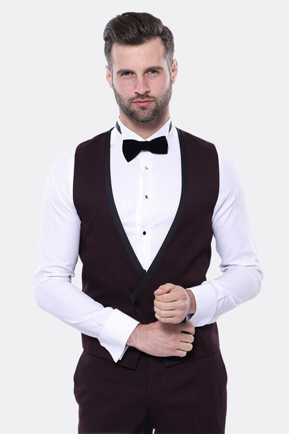 Detachable Velvet Lapel Burgundy Tuxedo - Wessi