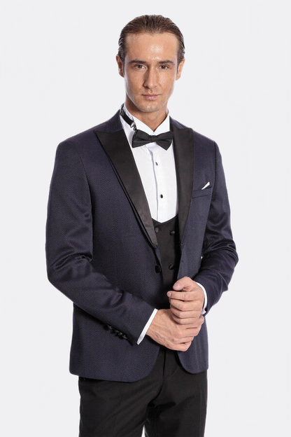 Patterned Combined Navy Blue Men Tuxedo - Wessi