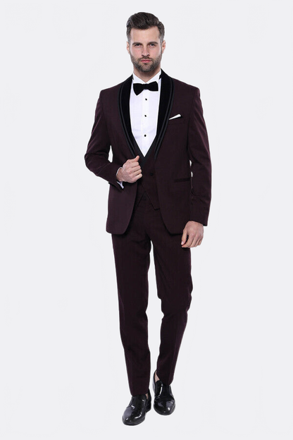 Detachable Velvet Lapel Burgundy Tuxedo - Wessi