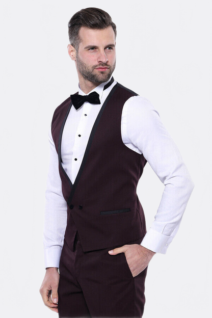 Detachable Velvet Lapel Burgundy Tuxedo - Wessi