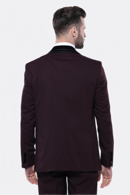 Detachable Velvet Lapel Burgundy Tuxedo - Wessi