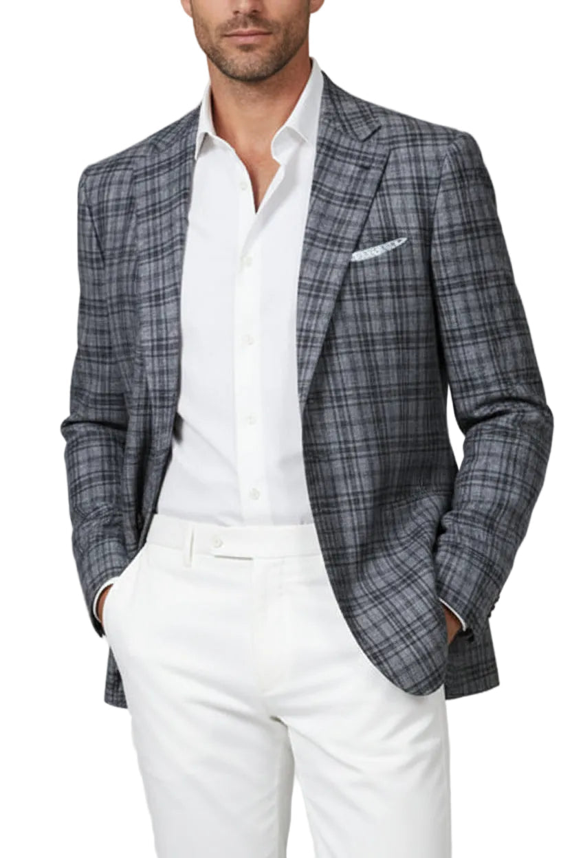 Kiton Plaid Wool-Silk-Linen Sport Jacket
